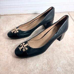 Tory Burch Everly Black Block Pumps Leather 50mm Heel Patent Cap Toe Gold Logo 7